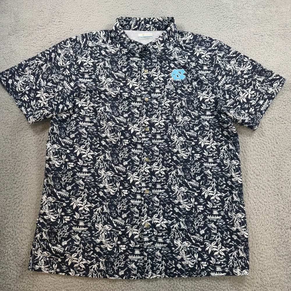 Columbia PFG UNC Tar Heels Mens Large Navy Blue Tropical Print Fishing Shirt L